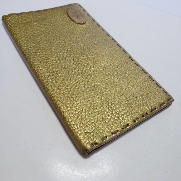 Fendi Selleria Wallet Metalic Gold Pebble Leather Wallet Bifold Large Logo Glam - Picture 10 of 11